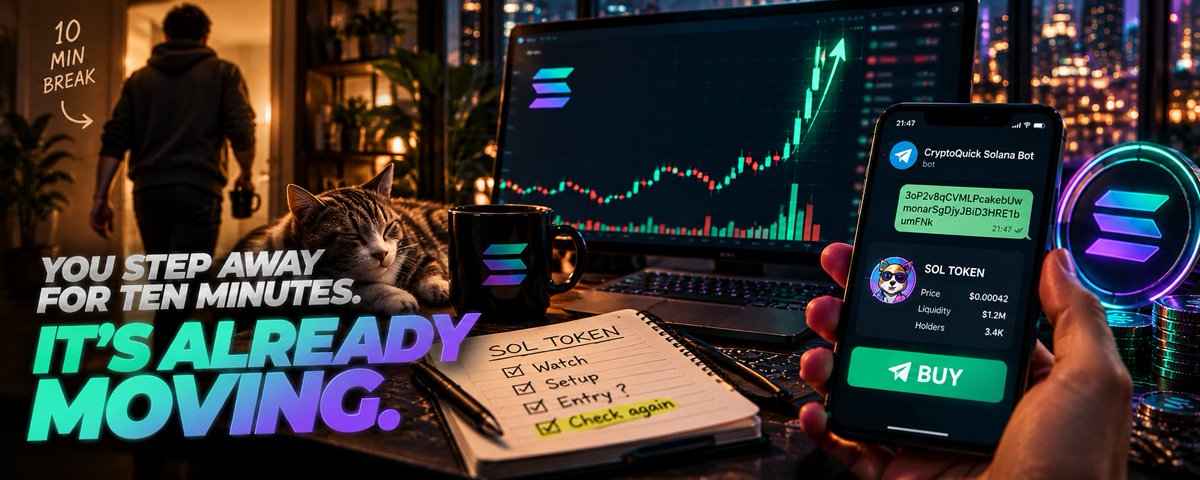 cryptoquickbot's tweet photo. You step away for ten minutes.

When you come back, the Solana token you were watching is finally moving.

No time to rebuild the setup.

Open CryptoQuick Solana Bot, paste the CA and make the trade from Telegram.

The market won’t wait. Your tools shouldn’t either.

https://t.co/wOKnnHRZtZ