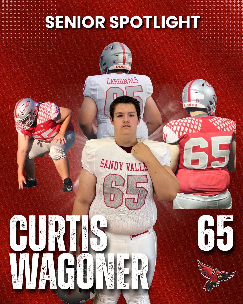 SVCardsFootball's tweet photo. Senior Spotlight - #65 Curtis Wagoner 
🎓🏈
Wagoner plays left tackle and defensive line for the Cardinals and has spent three years with the team. His favorite memory with Sandy Valley Football was making his first tackle sophomore year versus Indian Valley. https://t.co/Odk7t4HYhL