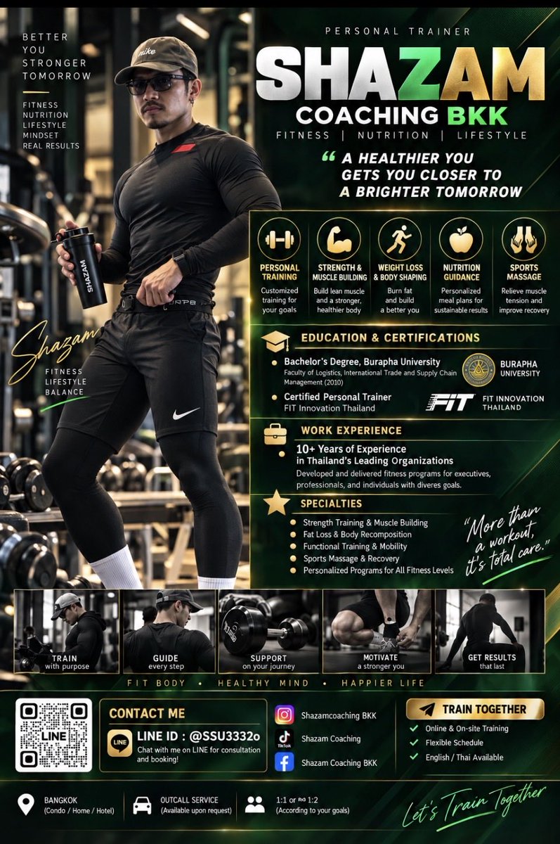 shazamcoach's tweet photo. 💚My goal isn’t to make you dependent on a trainer — I’ll teach you the skills, knowledge, and confidence to train independently.
❤️ Results-focused personal training
📩 Send me a message to discuss your goals and training needs.
📍 Bangkok, Thailand
👉 https://t.co/DEiKAHtvAs https://t.co/AR7zjkRzLZ