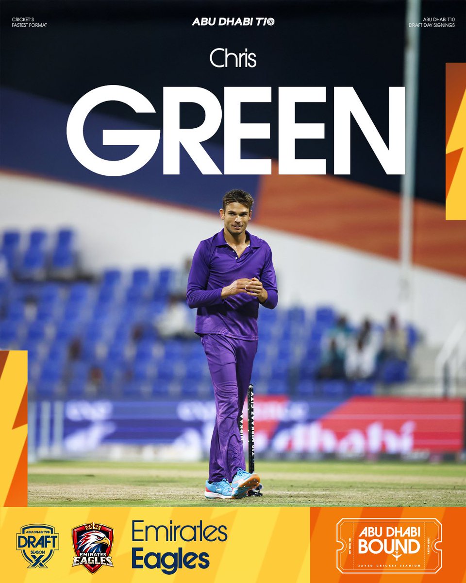 T10League's tweet photo. The Eagles are having a successful #AbuDhabiT10 draft 🤯

@chrisgreen_93 is #LockedIn for @T10League ✍️

#CricketsFastestFormat #InAbuDhabi https://t.co/7Q3OKcpDjN