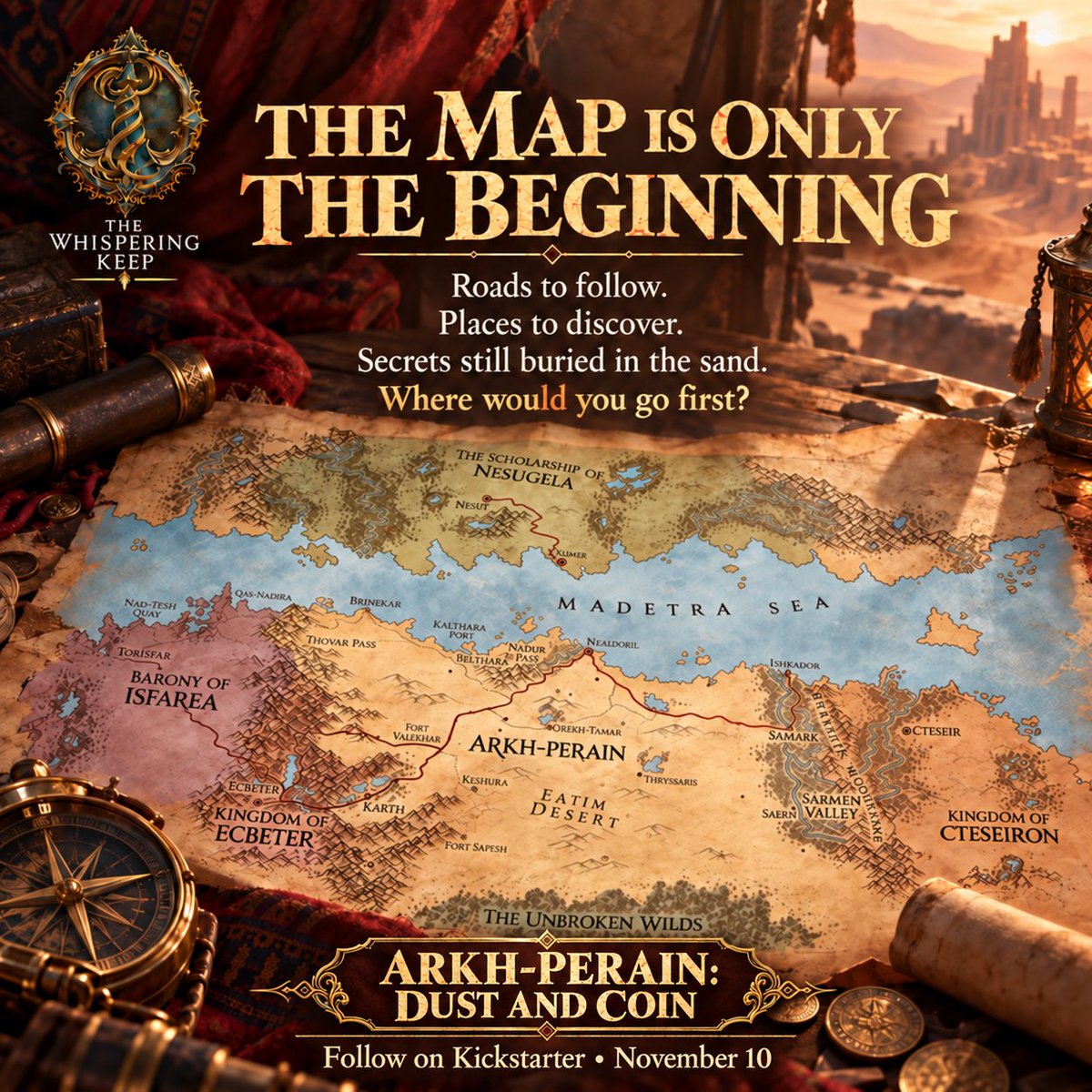 whisperingkeep's tweet photo. Pick a direction. The adventure starts there.

Explore city-states, caravan routes, hidden places, and ruins beneath the sand—but the map won’t tell you what waits ahead.

Follow on Kickstarter: https://t.co/vJFrnNgnH7

#ArkhPerain #TTRPG #FantasyMap #KickstarterGames https://t.co/HVev0BhqH0