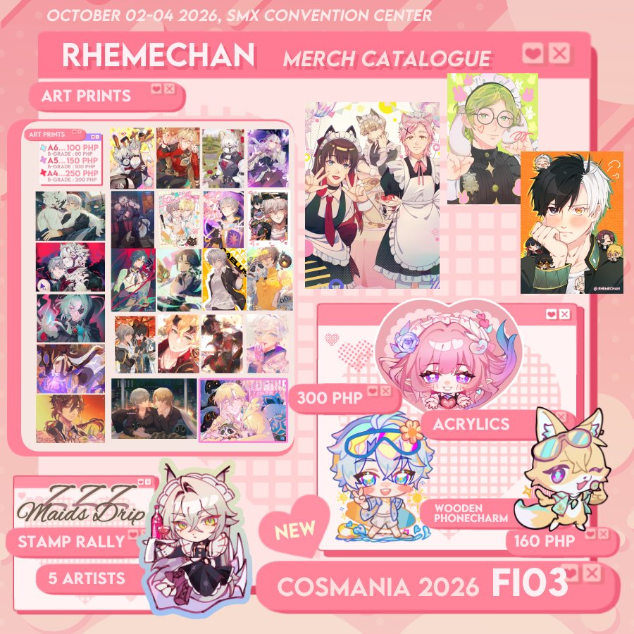 RhemeChan's tweet photo. Here is my scuffed catalog for #cosplaymania2026 🤤💦 It's the same with my previous cata from Hoyofest with some few new merch.

✨ Fanfair FI03 🌜eepiwipy
✨Oct. 2-4, SMX Convention Center
✨ HSR, ZZZ, Windbreaker, NU; Carnival

Thanks for checking!
#cosmania2026 https://t.co/qlmX4r9cZC