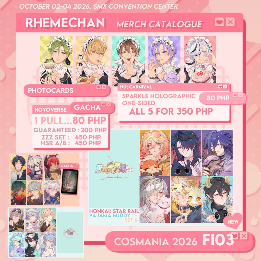 RhemeChan's tweet photo. Here is my scuffed catalog for #cosplaymania2026 🤤💦 It's the same with my previous cata from Hoyofest with some few new merch.

✨ Fanfair FI03 🌜eepiwipy
✨Oct. 2-4, SMX Convention Center
✨ HSR, ZZZ, Windbreaker, NU; Carnival

Thanks for checking!
#cosmania2026 https://t.co/qlmX4r9cZC