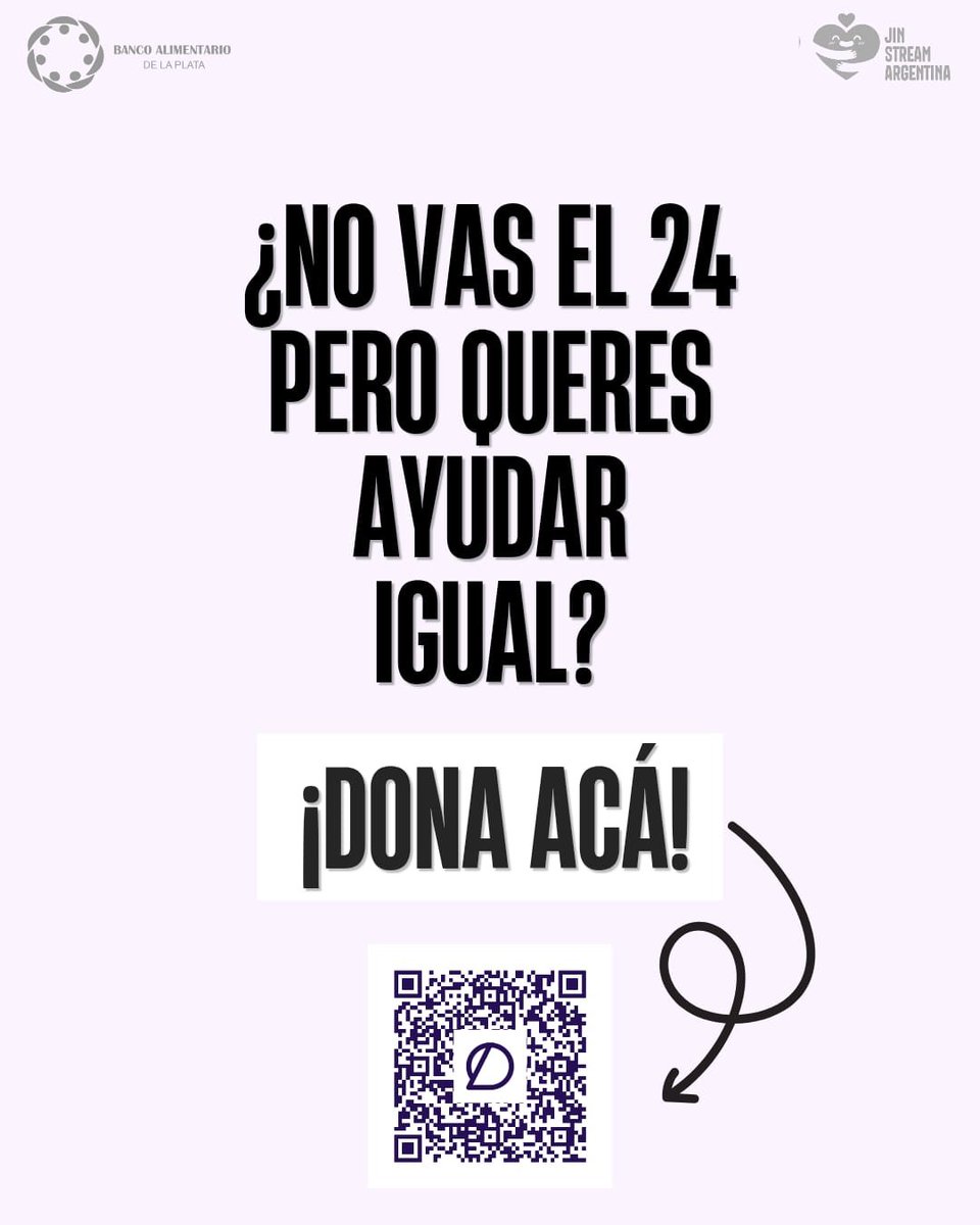 JinStreamsArg's tweet photo. 60.000 PERSONAS= 1 ALIMENTO
HAGAMOS HISTORIA

El 24 de Octubre vamos a ver a BTS y ademas podemos ayudar.

Solo trae 1 o 2 alimentos no perecederos en tu mochi o riñonera, lo dejas en 10 segundos  en el puesto solidario y vas derecho a hacer fila para el show. 

Ubicación exacta, cerca del estadio Unico de la Plata ( ubicación a confirmar en estos dias) 

QUE LLEVAR???

LECHE EN POLVO/ FIDEOS/ ARROZ/ LEGUMBRES 

Nos vemos cerca del estadio argmy💜🙏