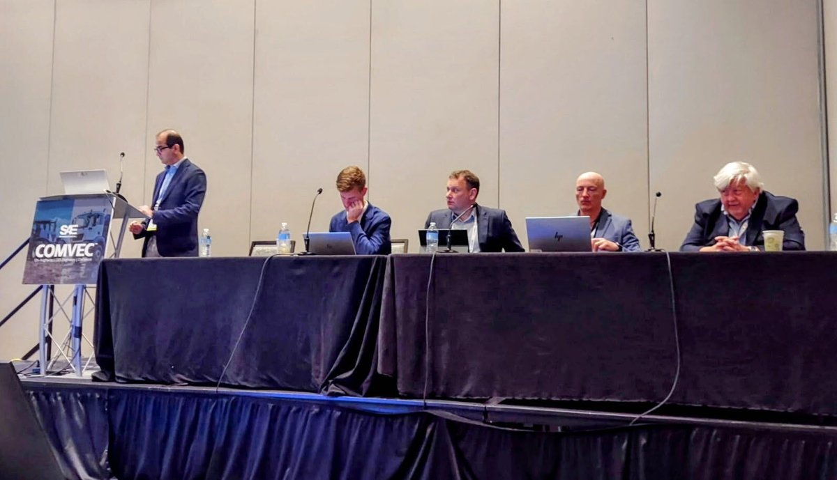 DGTechnologies's tweet photo. DG Technologies' Mark Monohon (far right) on the SAE COMVEC CV303 Improving Machine Up-Time - Bring Next Gen Diagnostics to Reality discussion panel for prognostics. 

#SAE #SAECOMVEC #COMVEC26 https://t.co/PaiYUyQxj9