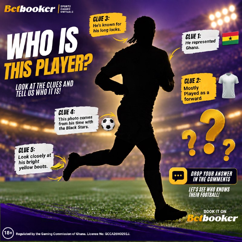 Betbooker's tweet photo. ⚽ WHO IS THIS BLACK STARS LEGEND? 🇬🇭

Clues are up! 🔥

Can you guess who it is? 🤔

Drop your answer below! 👇🏾🇬🇭⚽

📲 BOOK IT on https://t.co/0vxMRQPRog

🔞 18+ | Gamble responsibly.

#Betbooker #BlackStars #GFA #Anas https://t.co/3OzA3oeyPU