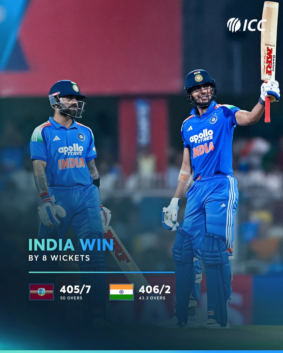 ICC's tweet photo. India seal a historic record chase against West Indies to clinch an unassailable lead in the ODI series 💪

📝: https://t.co/qGrCAE7B7s https://t.co/OSw0ijjtpM