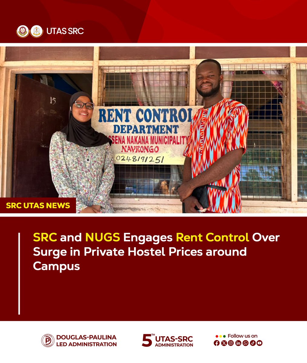 utas_src's tweet photo. The SRC, led by H.E. Douglas Abagna Adoliwine, together with NUGS President H.E. Munayya Seidu Musah, has officially engaged the Rent Control Department in Navrongo over the sudden and unfair increase in private hostel prices.

©SRCUTASNEWS https://t.co/DmpDWol79t