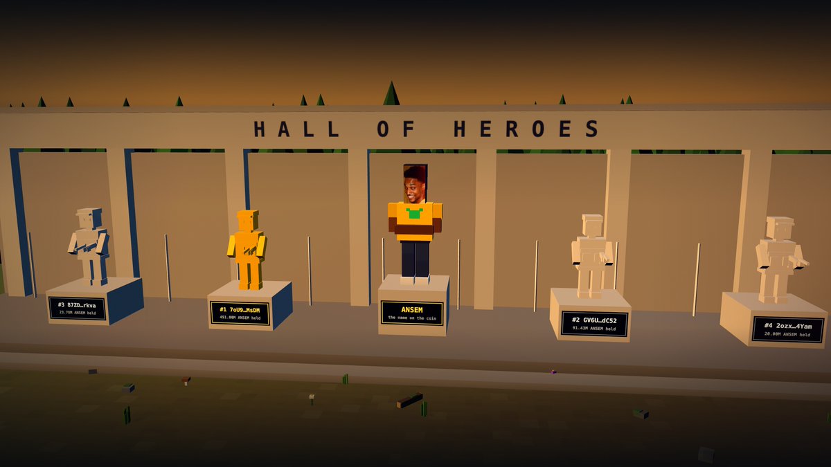 Ansemgamess's tweet photo. The Hall of Heroes is now live. 🏆

Top $ANSEM holders have their own place inside ANSEM Battlefield, with Ansem himself at the center.

Your holdings now have a place in the world.

$ANSEM
https://t.co/0TUjadeCRr https://t.co/Vpoblcn7NV