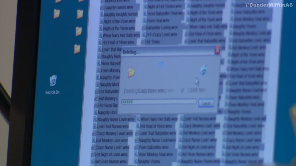 A computer screen displays a Windows dialog box with "Deleting..." as it removes an enormous collection of adult video files with suggestive titles like "Naughty Nurses," "Vixen Babysitter," and "Hot Heat of Vixen." The image captures the awkward moment from The Office when Kevin's explicit video files are being deleted, humorously revealing the nature of his hidden collection to his coworkers.