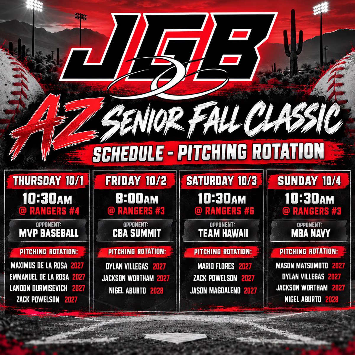 Jg1baseball's tweet photo. JGB AZFC Senior Schedule and Pitching rotation! Our group is excited about to compete and showcase their Talent this weekend! 

Really good group of players that are looking for an opportunity! Don’t sleep on these guys! 

@AZFallClassic @tswade7 @UCSDbsb @CBUbaseball @ChrisJimenez32_ @justinbeck_11 @SorryBoutIt10 @abealvarez17 @SteveSanchez04 @CoachUngricht @mark_lindsay19  @coachkelly272 @SummitBaseball @EricDeovlet @RyanDay44 @CoachNelly10 @kp1717sc @coachjoetorres