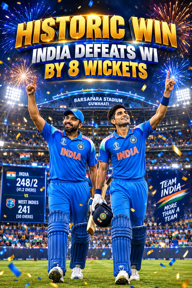 crickethub024's tweet photo. HISTORIC WIN IN GUWAHATI! 🇮🇳🔥
Team India completely destroys West Indies, chasing down a massive 406 with 8 WICKETS to spare!
👑 Rohit: 101 (12k ODI Runs)
🌟 Gill: 223* (Monster Double Ton)
Absolute dominance! 🐐💥 #INDvsWI #RohitSharma #ShubmanGill #TeamIndia #CricketTwitter https://t.co/NoSkbWQgux