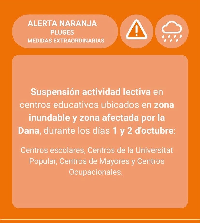 David_Alfafar's tweet photo. Día 1 y 2 octubre se cancelan clases en Valencia capital y zona DANA de la ciudad, a la espera de resto de poblaciones de la zona sur , Alfafar, Paiporta. Benetusser etc , el sistema AROME prevé lluvia de 100 a 240l.Posiblememte por la tarde /noche  Cuidado https://t.co/xFi0IrzjmV