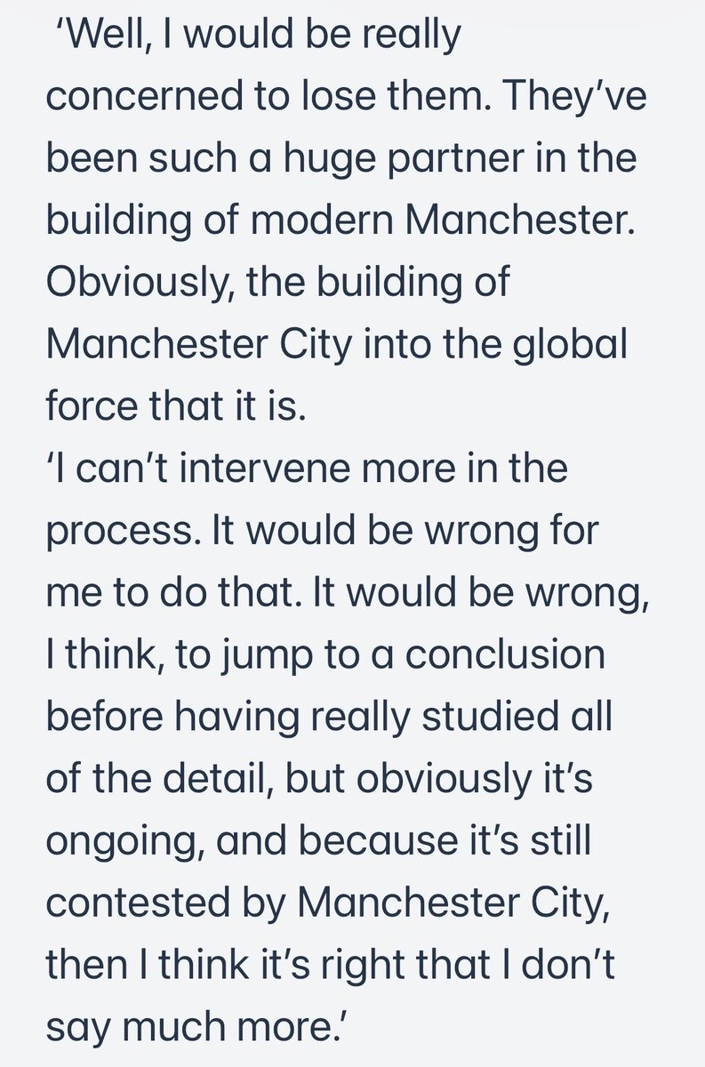 DuncanCastles's tweet photo. Horrendous statement from UK prime minister Andy Burnham on Manchester City’s Abu Dhabi ownership. 
1) As PM he should remain entirely neutral. 
2) ‘I can’t intervene *more*’ suggests he already has. 
3) ‘The detail’ may demonstrate that losing them would be for the best. https://t.co/qlf30fLVJm