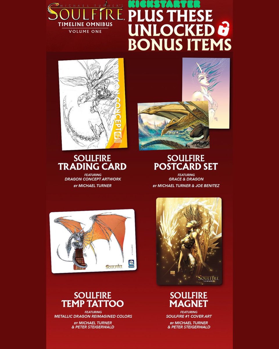 AspenComics's tweet photo. FINAL HOURS! The Soulfire Timeline Omnibus: Volume 1 Kickstarter ends TODAY at 6pm PT!

We’ve unlocked one final bonus reward: a three-piece sticker set featuring classic Soulfire covers. It will be included complimentary with every order, along with all previously unlocked rewards!

Order now at https://t.co/pAtzFrd4FD