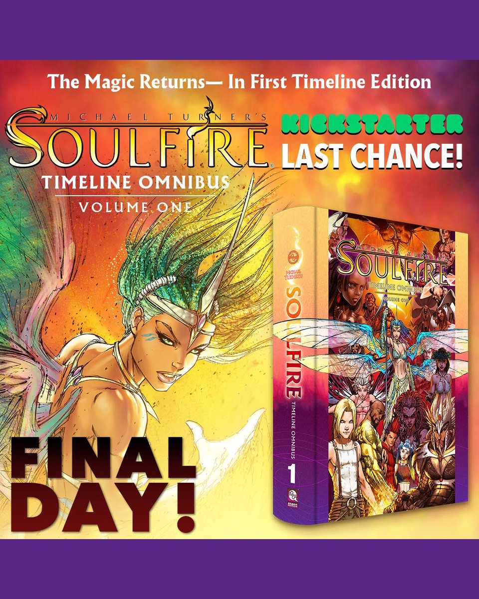 AspenComics's tweet photo. FINAL HOURS! The Soulfire Timeline Omnibus: Volume 1 Kickstarter ends TODAY at 6pm PT!

We’ve unlocked one final bonus reward: a three-piece sticker set featuring classic Soulfire covers. It will be included complimentary with every order, along with all previously unlocked rewards!

Order now at https://t.co/pAtzFrd4FD