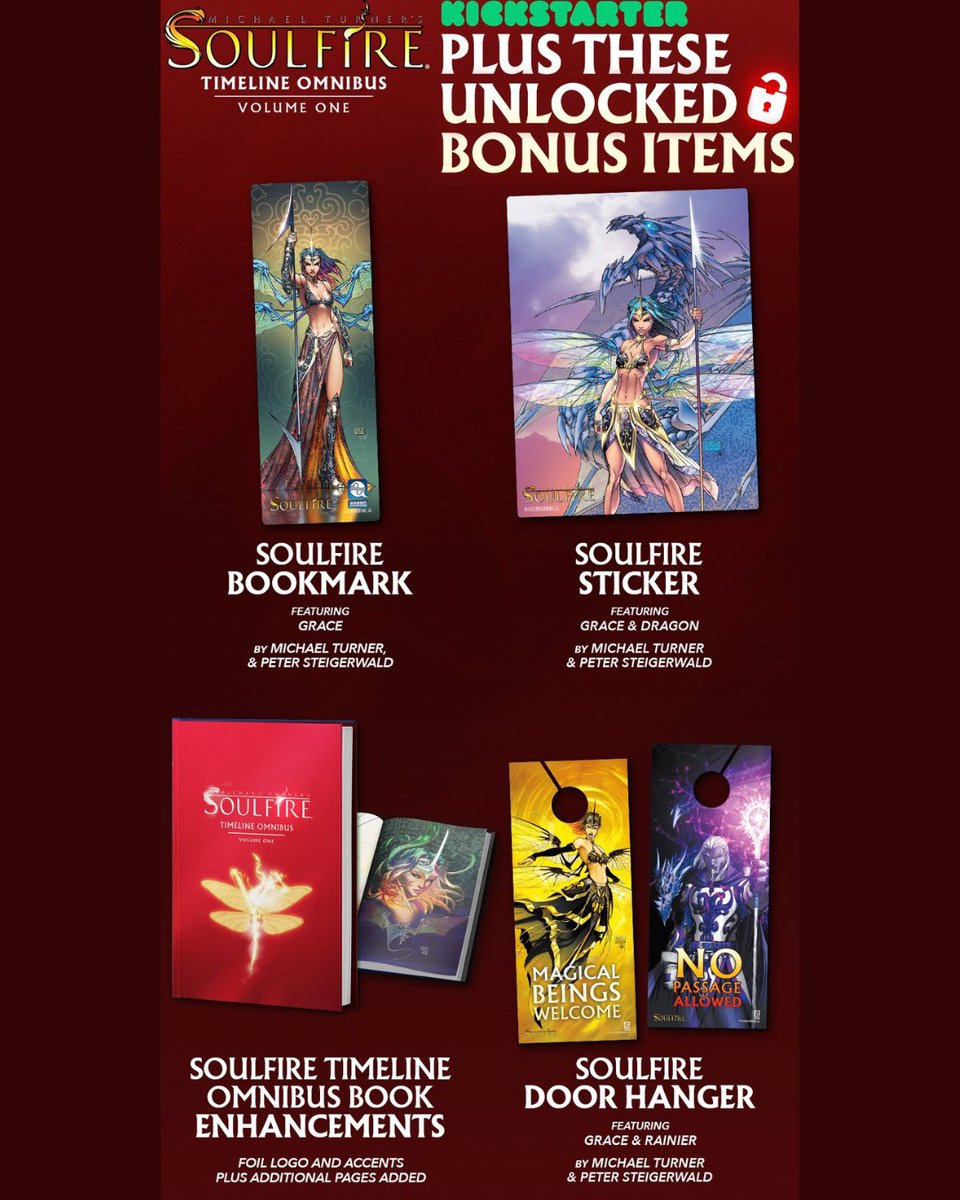 AspenComics's tweet photo. FINAL HOURS! The Soulfire Timeline Omnibus: Volume 1 Kickstarter ends TODAY at 6pm PT!

We’ve unlocked one final bonus reward: a three-piece sticker set featuring classic Soulfire covers. It will be included complimentary with every order, along with all previously unlocked rewards!

Order now at https://t.co/pAtzFrd4FD