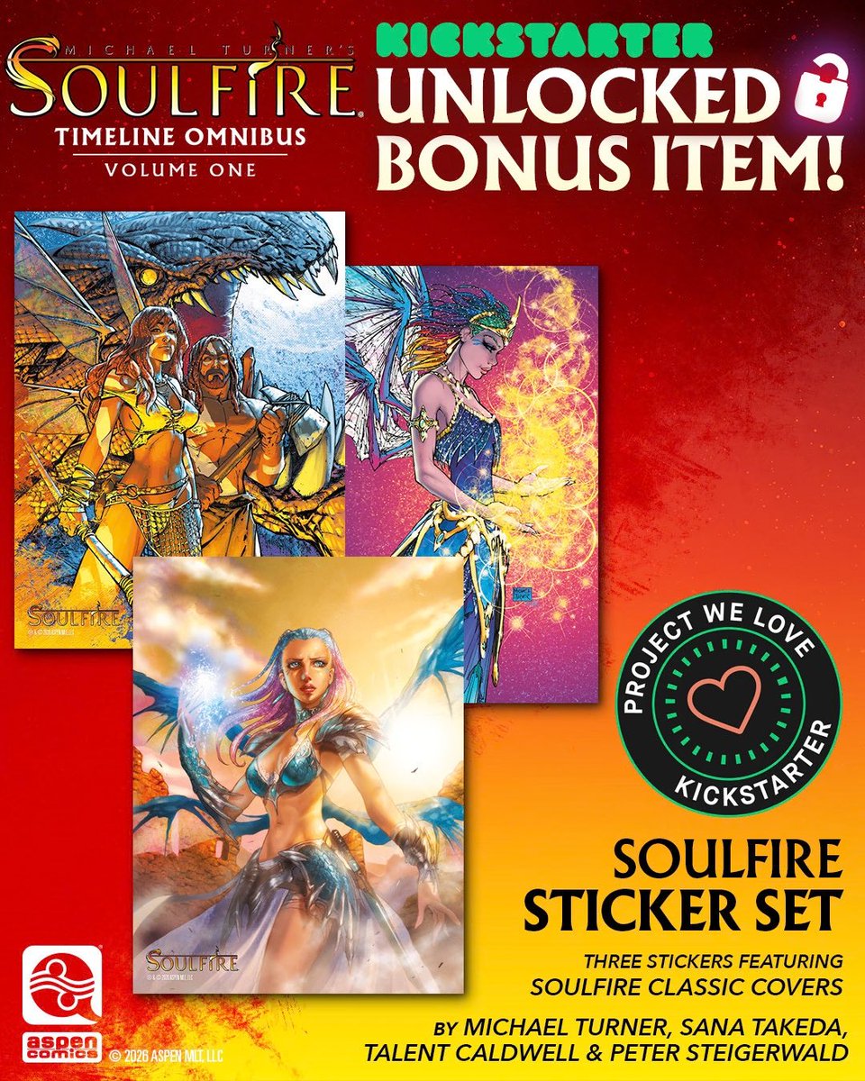 AspenComics's tweet photo. FINAL HOURS! The Soulfire Timeline Omnibus: Volume 1 Kickstarter ends TODAY at 6pm PT!

We’ve unlocked one final bonus reward: a three-piece sticker set featuring classic Soulfire covers. It will be included complimentary with every order, along with all previously unlocked rewards!

Order now at https://t.co/pAtzFrd4FD