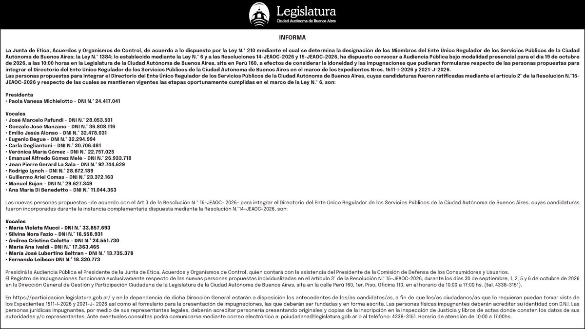 LegisCABA's tweet photo. #AudienciasPúblicas | Se convoca a Audiencia Pública bajo la modalidad presencial en la Legislatura de la Ciudad Autónoma de Buenos Aires, para el día 19 de octubre de 2026, a partir de las 10hs. Más información 👉🏼https://t.co/Q67wUCtihu https://t.co/fi1lQYq7F9