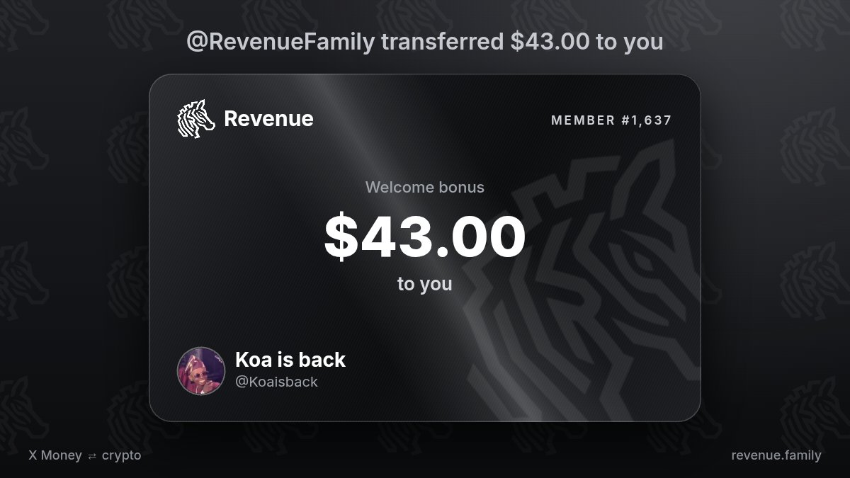 Koaisback's tweet photo. @RevenueFamily Welcome gift received: $43.00 from @RevenueFamily https://t.co/15FLQS21cu