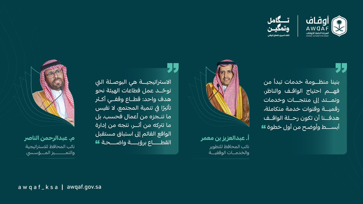 AWQAF_KSA's tweet photo. خلال جلسة «منظومة الهيئة: وحدة الرؤية وتكامل الأدوار»، استعرضت قيادات #الهيئة_العامة_للأوقاف منظومة العمل من الداخل، وتوجهها الاستراتيجي نحو دور تنموي أكثر تأثيرًا، يستجيب للاحتياجات التنموية للمجتمع ويعظّم أثر القطاع الوقفي.

#اللقاء_الدوري_للقطاع_الوقفي_2026
#تكامل_وتمكين https://t.co/8P8uZTv0hc