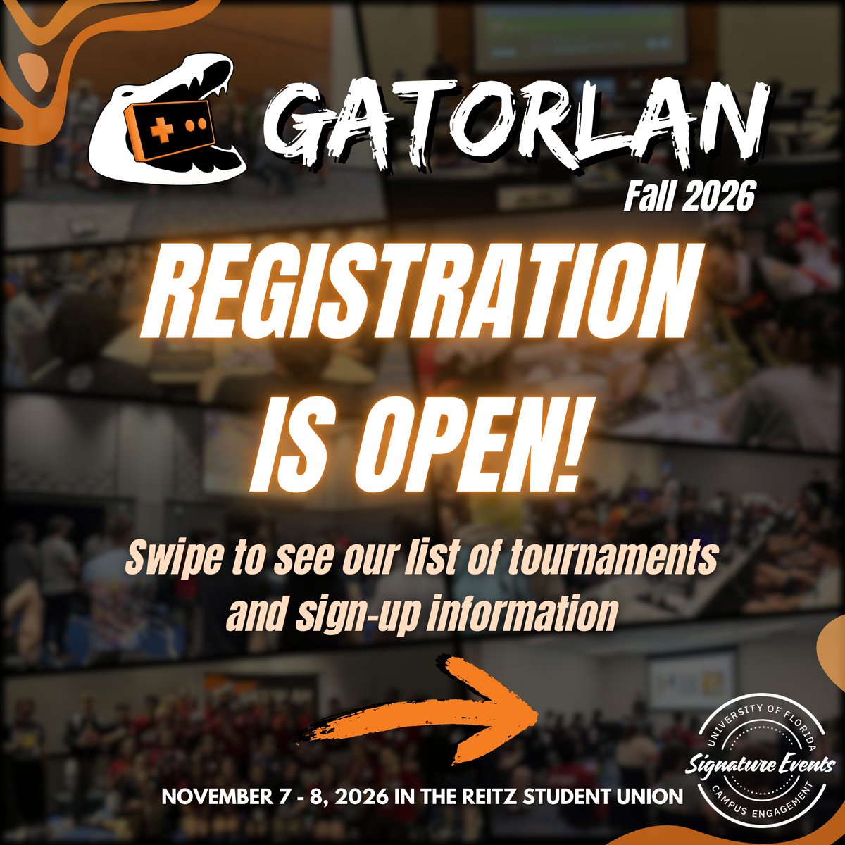 GatorGaming's tweet photo. GatorLAN Fall 2026 Tournament Registration is officially live!

Registration for nearly all games is now open (Overwatch 2 and Marvel Rivals will open next week)!

Register now at https://t.co/QBbClyZHpo 🎮🐊

There are also some cool @snk_esports_hub tournaments to sign up for! https://t.co/dQUowVAuU8