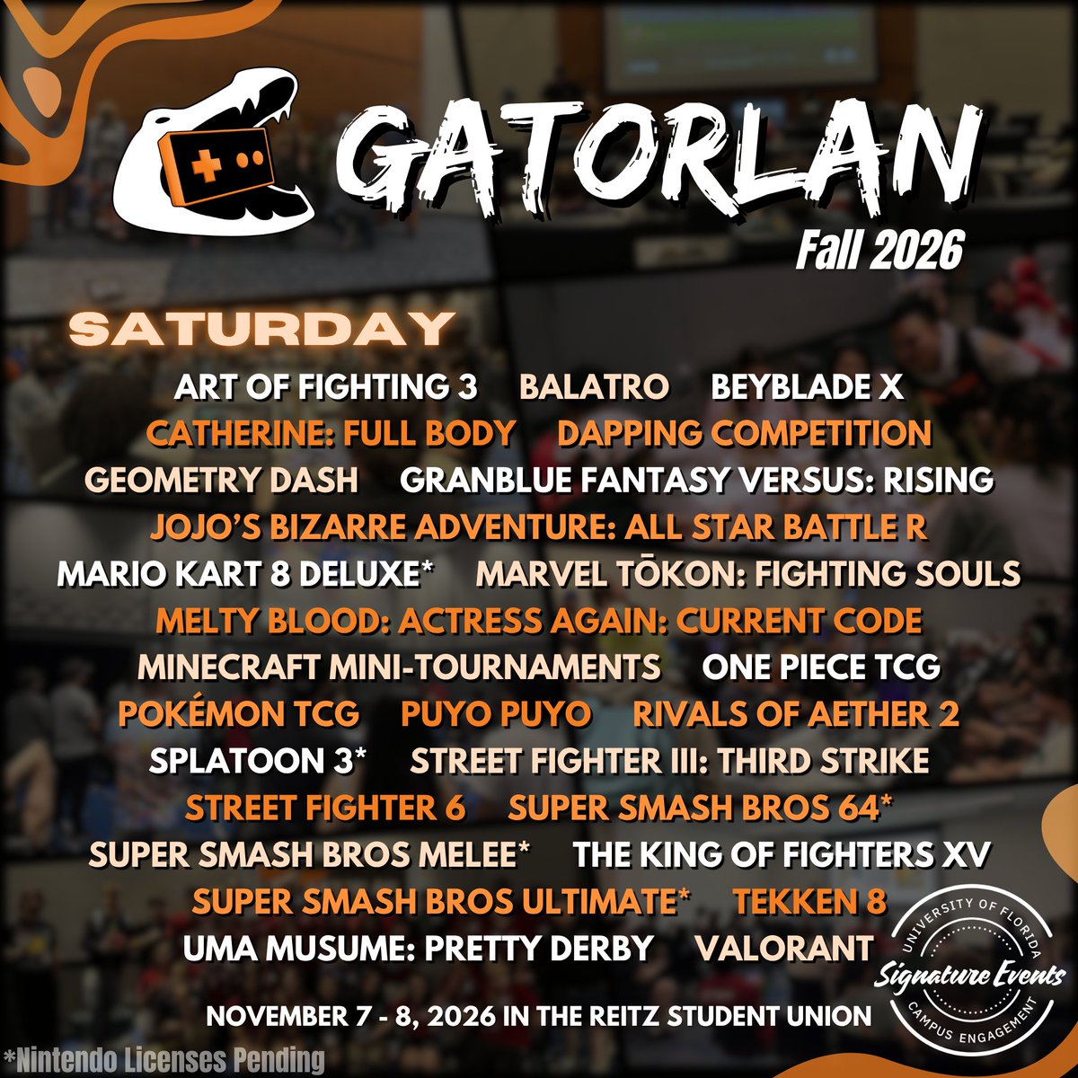 GatorGaming's tweet photo. GatorLAN Fall 2026 Tournament Registration is officially live!

Registration for nearly all games is now open (Overwatch 2 and Marvel Rivals will open next week)!

Register now at https://t.co/QBbClyZHpo 🎮🐊

There are also some cool @snk_esports_hub tournaments to sign up for! https://t.co/dQUowVAuU8