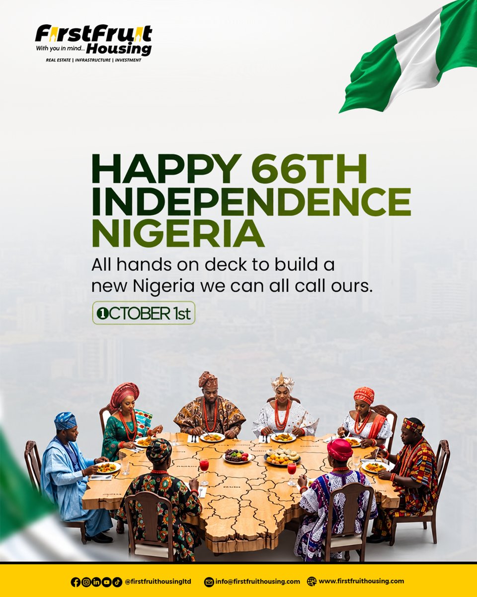 Firstfruitltd's tweet photo. In 1960, we gained our independence. 66 years later, we are still finding our way, learning, growing, and working towards the Nigeria we all dream of.

Happy 66th Independence Day, Nigeria! 

#IndependenceDay #NigeriaAt66 #HappyIndependenceDay #ProudlyNigerian #OneNigeria https://t.co/n6Q5ULGwbp