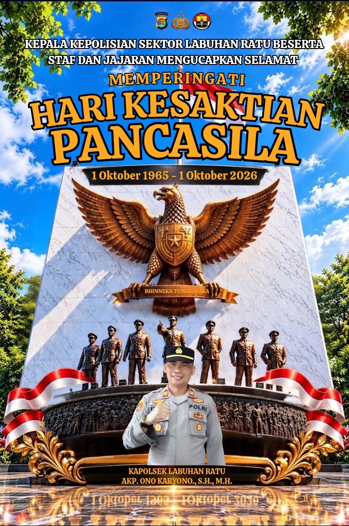 humaskdt's tweet photo. KEPALA KEPOLISIAN SEKTOR LABUHAN RATU BESERTA STAF DAN JAJARAN MENGUCAPKAN
SELAMAT MEMPERINGATI HARI KESAKTIAN PANCASILA 
1 Oktober 2026

@spripim.poldalampung
@divisihumaspolri
@kapolresta_bandarlampung
@humas_poldalampung
@polresta_bandarlampung
#polripresisi https://t.co/B0Hik2Al4G