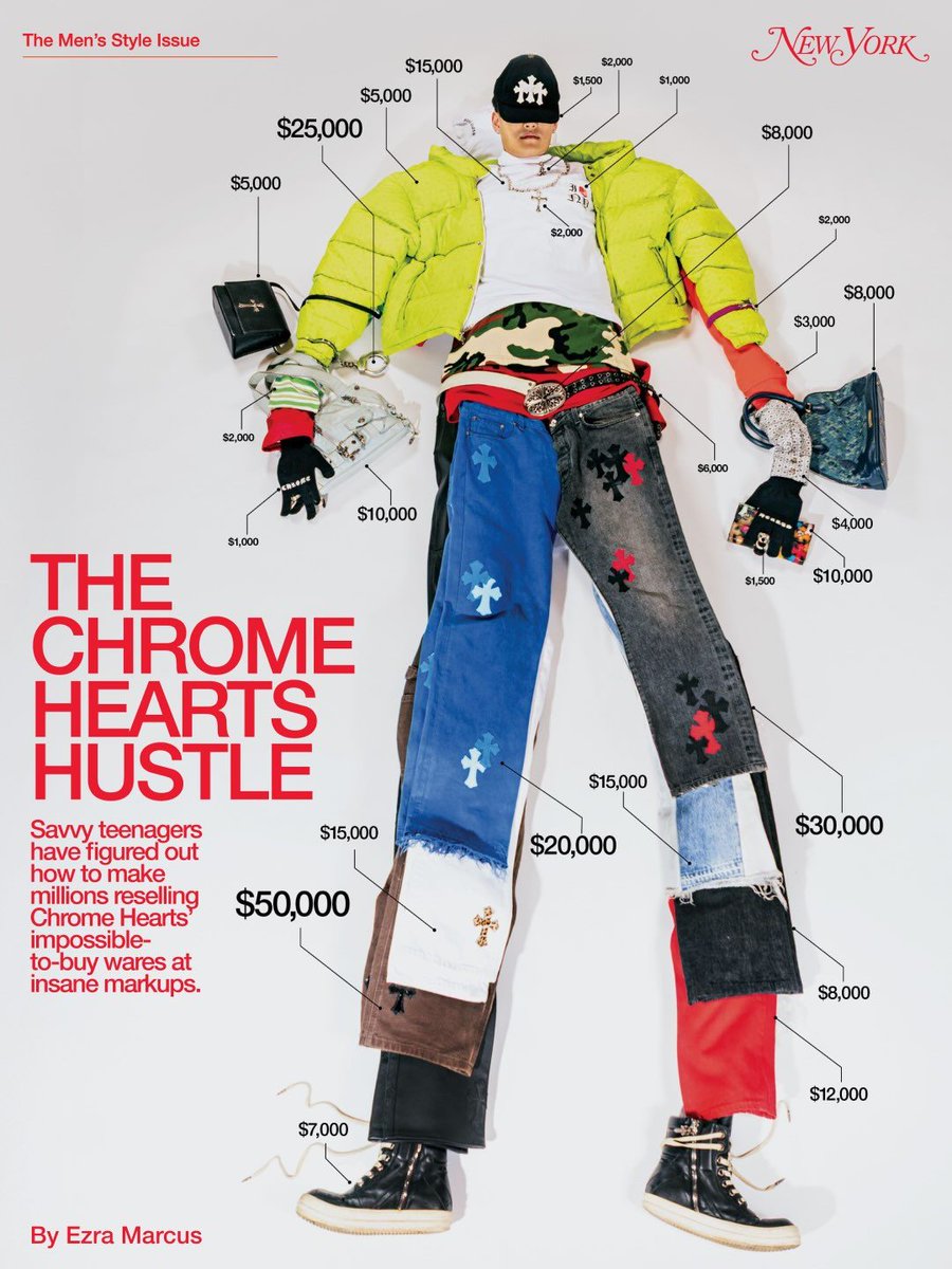 NYMag's tweet photo. Chrome Hearts has become extremely popular over the past few years among the young and wealthy, and especially among crypto entrepreneurs fresh off absurd windfalls from meme coins and NFT projects. “A lot of young teenagers, they’re making $10 million, $50 million at the age of 19, 20 — it’s instant, so a lot of them don’t know how to spend it,” says Raphael Badalov, a 22-year-old reseller who goes by the handle byraph. Vincent Ferraro, another reseller, says, “They wake up rich overnight. Like, why not live your dream? Get your dream car, get your dream jeans.”

Except they can’t. As with Hermès, it is impossible to purchase much of anything at a Chrome Hearts store unless you’ve cultivated a yearslong relationship with the brand. The resellers have been swarming the internet since the early 2020s, cashing in on this fact. The brand responded to the surge of resellers by banning them from stores, introducing an appointment-only booking system, and training salespeople to look out for suspicious customers. 

Online, “Chrome Hearts reseller” has become yet another recognizable Gen-Z digital hustle, as familiar to the kids as “peptides booster” or “OnlyFans creator.” Jack Jiang, a 19-year-old reseller, moves more than $20 million worth of product a year. “I’ve sold jeans for $300,000 before, and you and I are having a regular conversation about it,” Badalov says. “But let’s not forget that’s f***ing insane.” Theft is an increasing problem for the resellers. This past winter, four guys in ski masks broke into Ferraro’s Soho showroom. “They took over $1.2 million of stuff, which was, like, 60 pairs of jeans,” he says. Months later, a 17-year-old broke into Jiang’s shop through a window at night and made off with over a million dollars’ worth of jewelry and pants.

How much longer can it last? Read more on the Chrome Hearts resale craze from our “Men’s Style” Issue: https://t.co/dnXH24y5q9