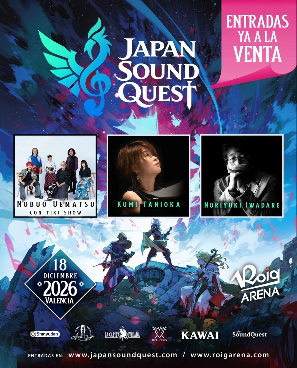JapanSoundQuest's tweet photo. Música épica en directo, no te lo pierdas.

Japan Sound Quest será una experiencia musical irrepetible en España: además de ver en escena a vuestros compositores favoritos (Nobuo Uematsu, Kumi Tanioka y Noriyuki Iwadare, podréis disfrutar de colaboraciones exclusivas entre ellos. Este espectáculo va más allá de cualquier concierto de videojuegos que hayáis presenciado hasta ahora. 

Compra tus entradas en nuestra web.

#JapanSoundQuest #FinalFantasy #NobuoUematsu #conciertos