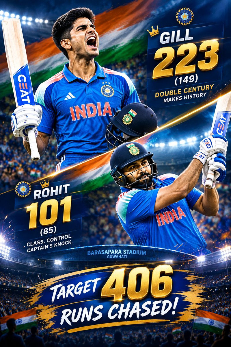 crickethub024's tweet photo. 406 CHASED DOWN IN JUST 43.3 OVERS! 🤯🇮🇳
India secures a legendary 8-wicket victory over WI!
• Rohit Sharma: 101 (32nd ODI Ton)
• Shubman Gill: 223* (Sensational Double Century)
Absolute cinema at Barsapara tonight! 🍿🏏 #INDvWI #Hitman #ShubmanGill #Cricket #TeamIndia #BCCI https://t.co/qnA1Rqsntm