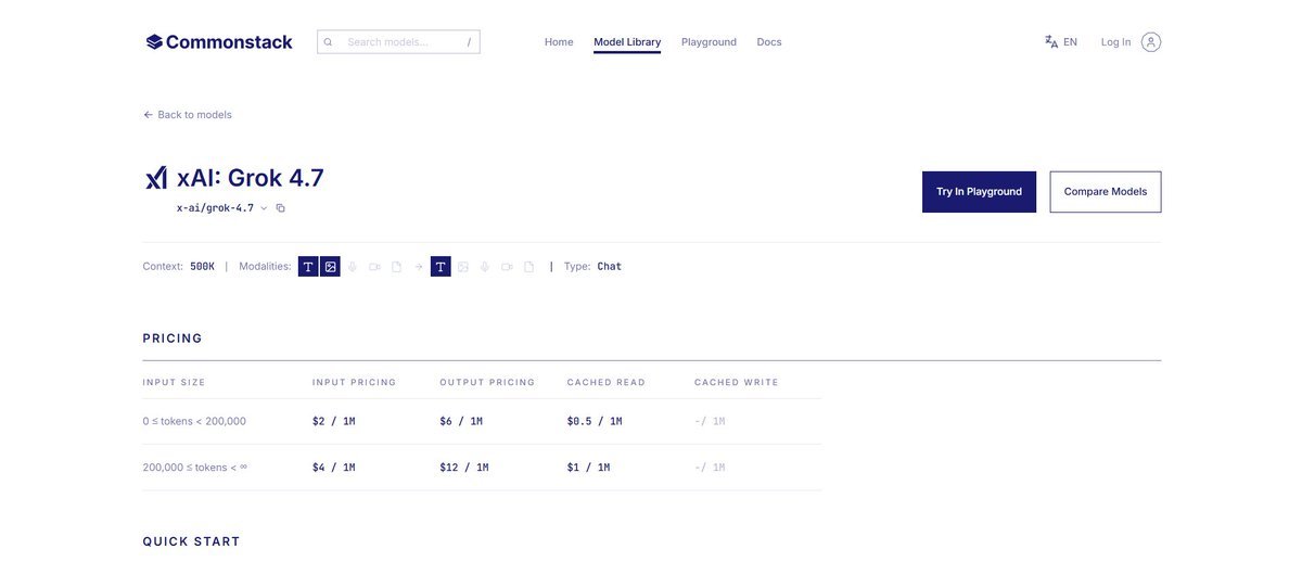 ajjuray07's tweet photo. Grok 4.7 is now available on @commonstack_ai.

Built for more than quick answers, it’s focused on handling complex coding tasks, long-running agents, and deeper reasoning.

The 500K context window and configurable reasoning make it interesting to explore. https://t.co/0CNPKNsDQY