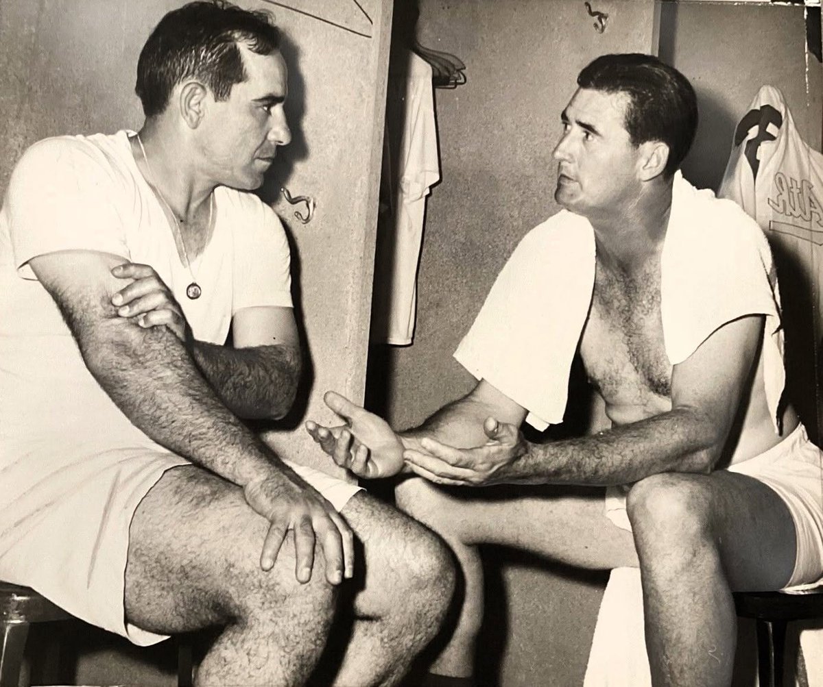 lindsayberra's tweet photo. Grampa Yogi and Ted Williams, deep in conversation at the 1960 All-Star Game. What do you think they're talking about? #RedSox #Yankees #wildcard #postseason https://t.co/fRCxvNwLj6