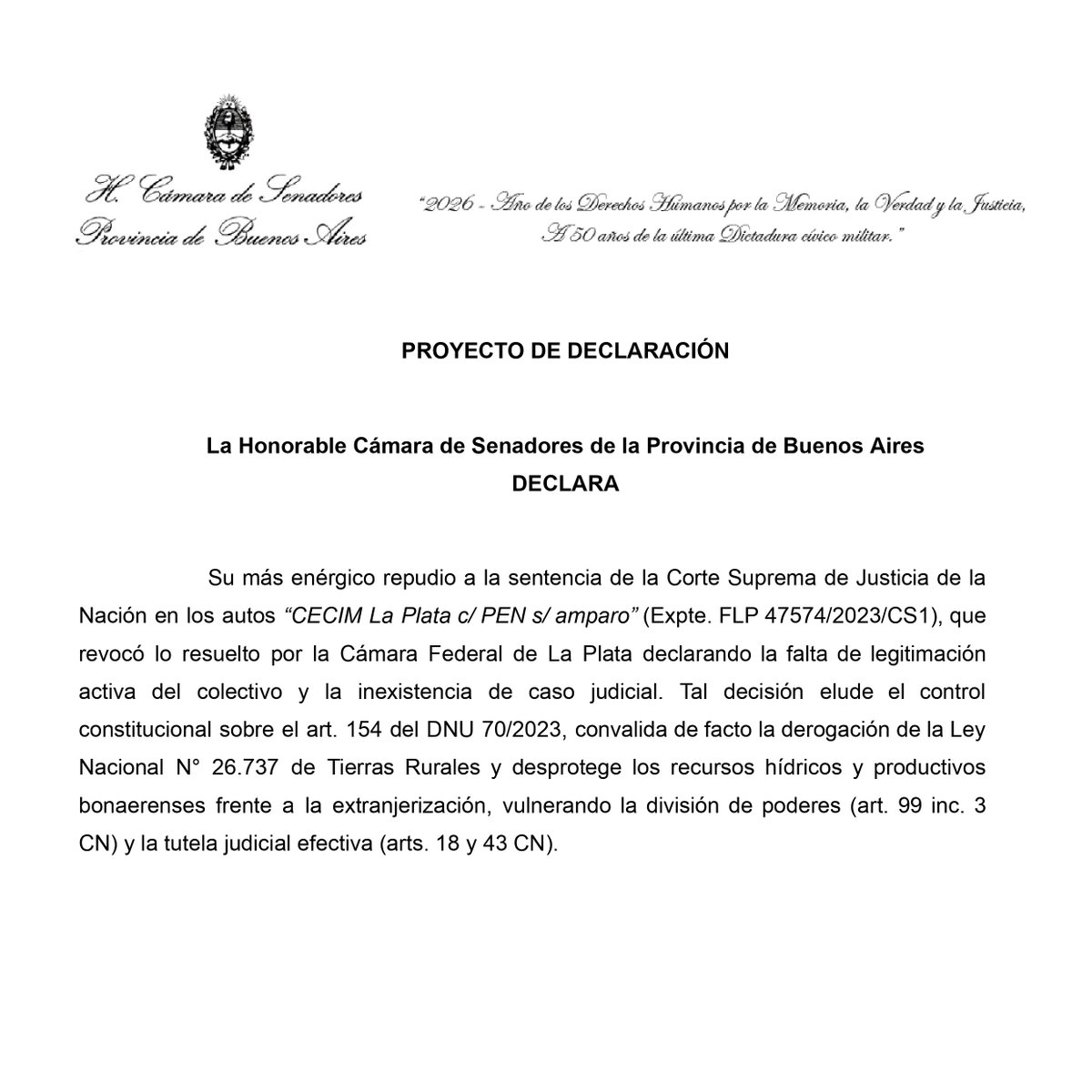 ayeduran's tweet photo. Presentamos en el @Senado_BA un proyecto para repudiar el reciente fallo de la Corte Suprema, que deja sin freno la venta de tierras rurales a extranjeros.

Con una excusa formal (uso de la legitimación como cerrojo de control de constitucionalidad), el máximo tribunal elige darle la espalda a los Ex Combatientes de Malvinas y debilitar la soberanía nacional, poniendo en vigencia el decreto de Milei que elimina la Ley de Tierras Rurales.

Como resultado, nuestras tierras, nuestras aguas y nuestros recursos estratégicos quedan más expuestos.

A la burda perfo malvinera del Presidente le siguió este destrato de la Corte hacia nuestros Héroes. Pero la mayoría de los argentinos sabemos que la soberanía no se negocia.