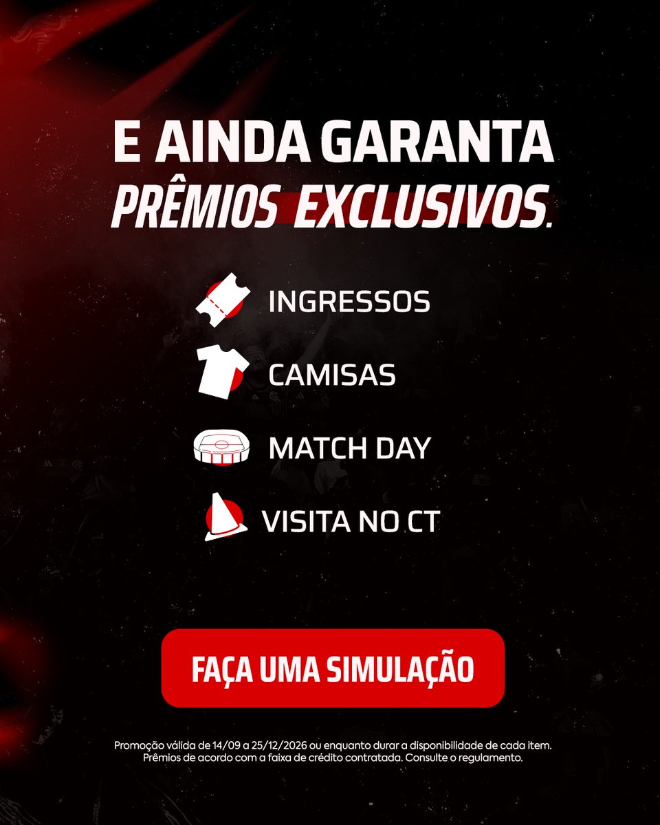 Flamengo's tweet photo. Seu plano pode valer prêmios exclusivos! 🔴⚫️

Com o Consórcio Flamengo, você pode conquistar seus planos e ainda participar da promoção Rubro-Negro Premiado.

Ganhe experiências exclusivas com o Mengão, como ingressos, camisas, Match Day e visita ao CT.

Faça uma simulação e participe! 

Acesse o site: https://t.co/W2G4U4BFke
#AdemiconFla #ad