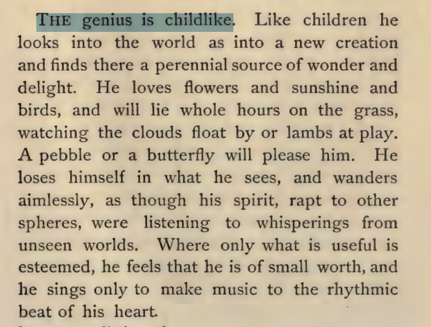 oldbooksguy's tweet photo. was reading an out-of-print 1901 book and got hit by this banger out of nowhere

"The genius is childlike" https://t.co/CTH1tph4TH