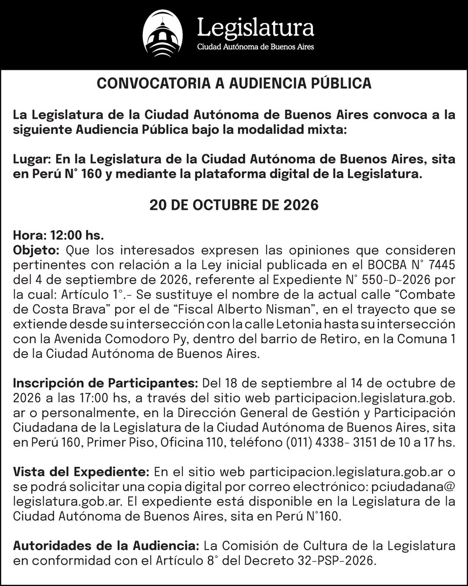 LegisCABA's tweet photo. #AudienciasPúblicas | Se convoca a Audiencia Pública bajo la modalidad mixta en la Legislatura de la Ciudad Autónoma de Buenos Aires, para el día 20 de octubre de 2026, a partir de las 12hs. Más información 👉🏼https://t.co/Q67wUCtihu https://t.co/WmMxMOLDz5