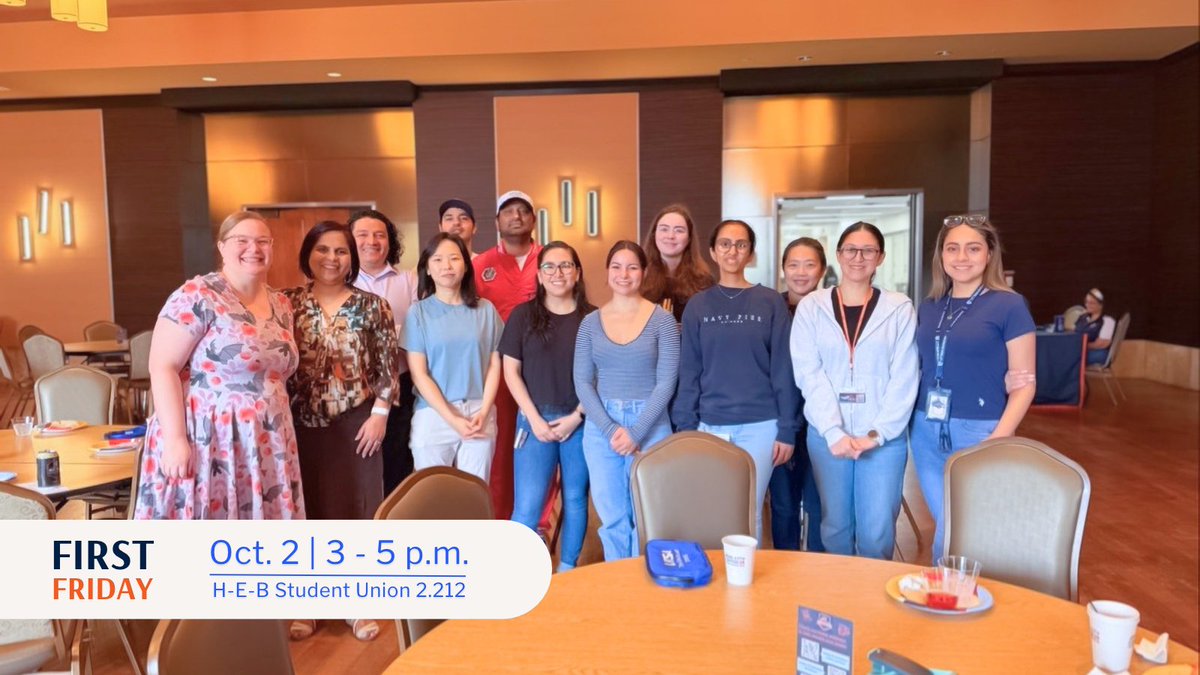 UTSAGradSchool's tweet photo. Grad students, register at https://t.co/kCOuHvwNsI for our next First Friday on Oct. 2 at 3 p.m. to make new connections with peers, learn about wellbeing resources and grab snacks and swag, including tote bags, highlighters and notepads! https://t.co/UAcOGZ7L8g