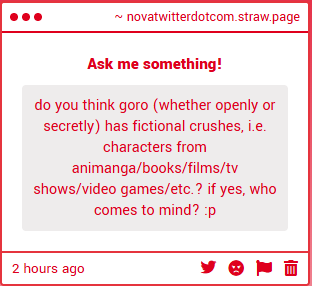 magykk105's tweet photo. that boy's first crush was Feather Red guaranteed. I think he very rarely actually experiences having a crush or even just being attracted to others and I think this would also carry over to fictional characters but I can def see him having a few characters that stand out kinda.- https://t.co/wZXejMeGOx