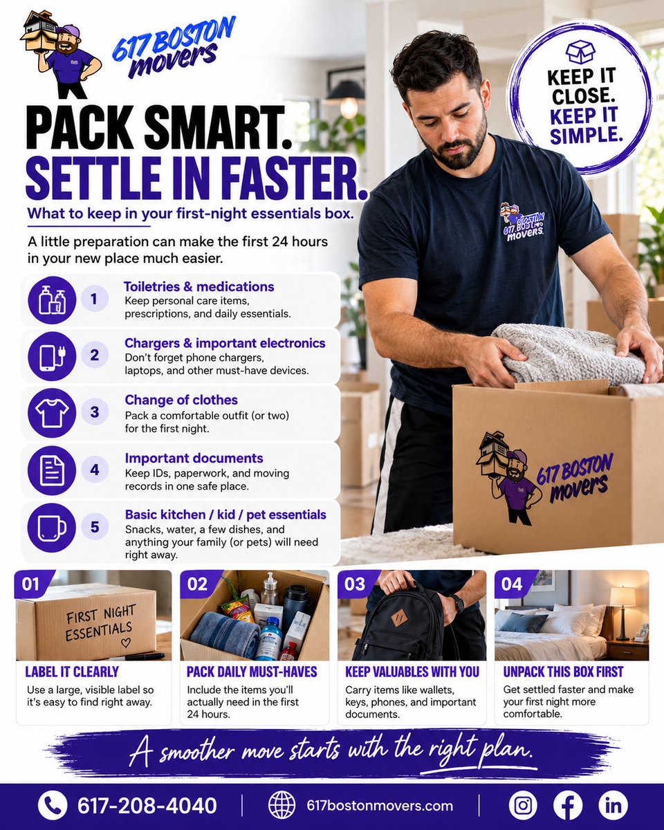617BostonMovers's tweet photo. Pack smart now, settle in easier later. 📦
Keep first-night essentials together—toiletries, chargers, clothes, documents, and a few basics.
#617BostonMovers #BostonMovers #PackingTips #MovingDay https://t.co/hp8Qn8G7CJ