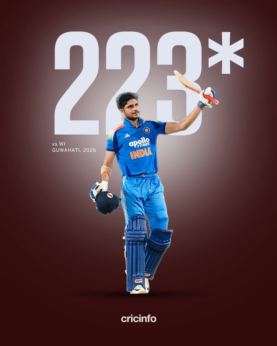 cricinfo's tweet photo. 🔹 The fastest-ever ODI double centurion
🔹 The fastest 150 for India in ODIs
🔹 His fastest 100 in ODIs
🔹 The fastest ton in a IND vs WI men's ODI

Shubman Gill plays a record-breaking epic 🫡 https://t.co/GrCoFGW8D7