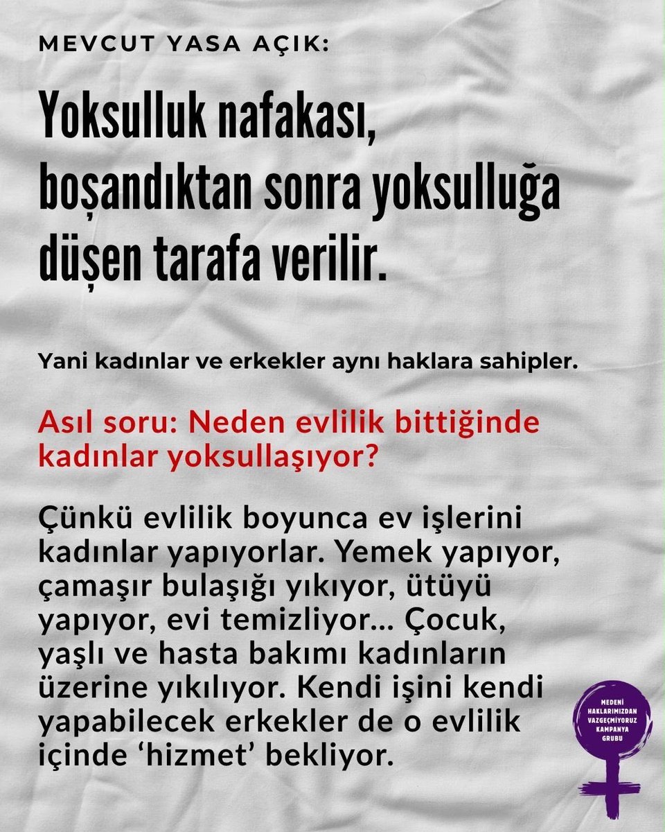 kirkYAMA006's tweet photo. Evlilik bittiğinde yoksulluğa düşen taraf neden hep kadınlar?

📌Mevcut yasa açık: Yoksulluk nafakası, boşandıktan sonra yoksulluğa düşen tarafa verilir. Yani kadınlar ve erkekler aynı haklara sahipler.  Asıl soru: Neden evlilik bittiğinde kadınlar yoksullaşıyor? https://t.co/3yJw4y0UM7