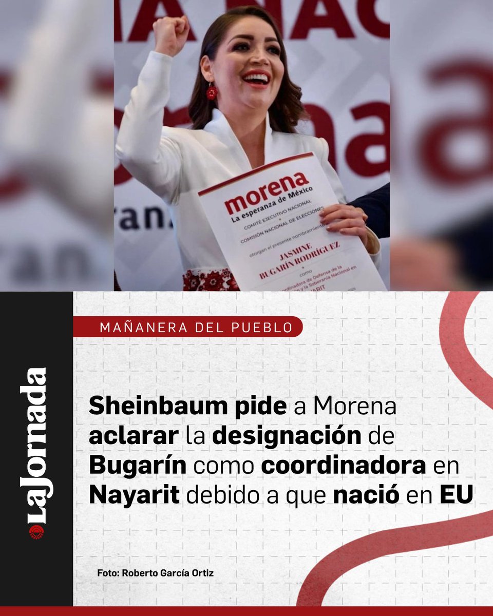 lajornadaonline's tweet photo. #MañaneraDelPueblo | Tras leer en la mañanera el artículo 62 de la Constitución de Nayarit que establece como requisito para ser gobernador, ser ciudadano mexicano por nacimiento e hijo de padres mexicanos, la presidenta Claudia Sheinbaum Pardo pidió a Morena que aclare la designación de Jasmine Bugarín como coordinadora de la transformación en ese estado, dado que nació en Los Ángeles, California, Estados Unidos.
Más información en: https://t.co/Hh4u3BnTap