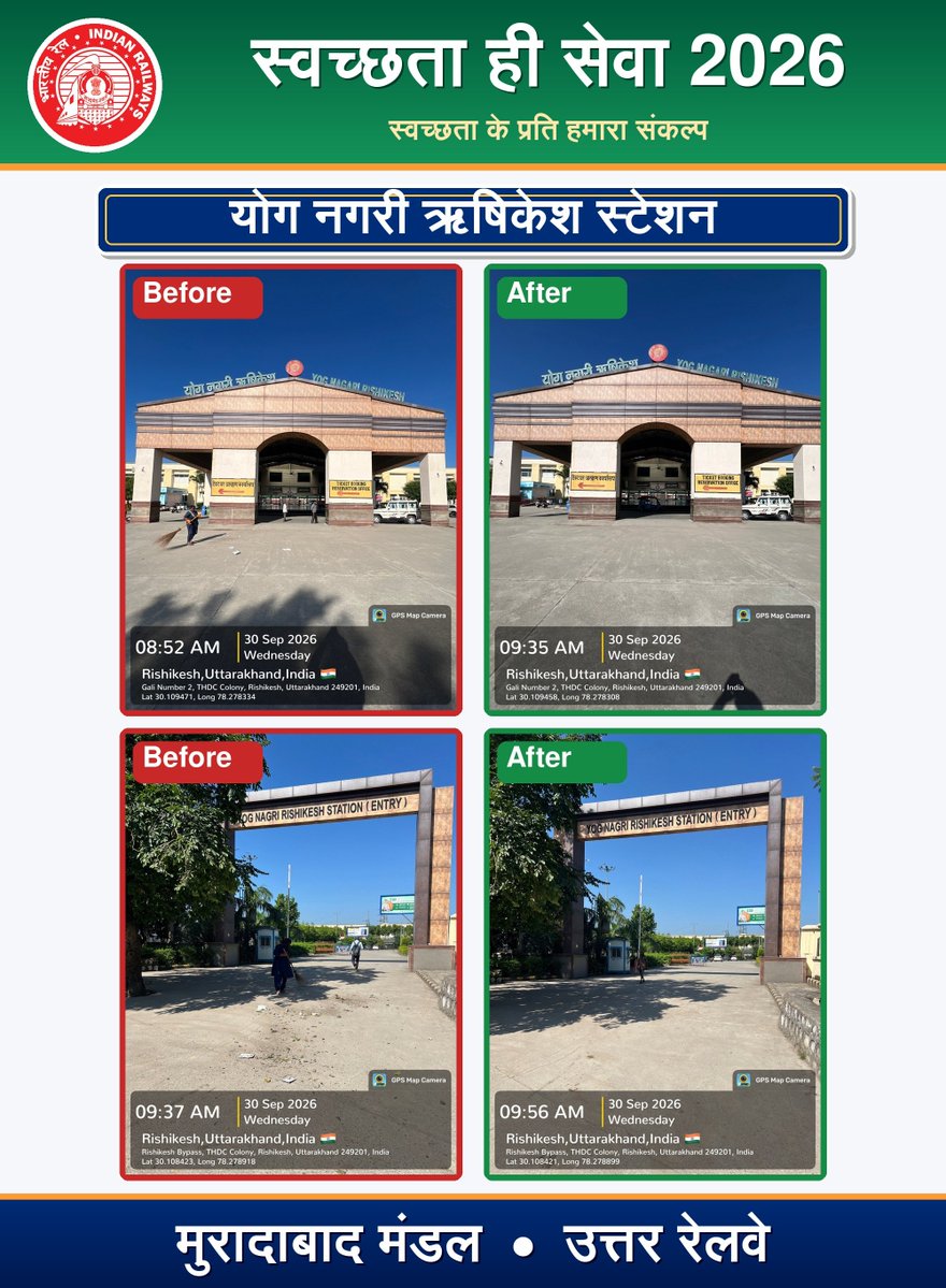drm_mb's tweet photo. स्वच्छता ही सेवा अभियान–2026 के अंतर्गत मुरादाबाद मंडल के योग नगरी ऋषिकेश रेलवे स्टेशन पर विशेष स्वच्छता अभियान चलाकर स्टेशन परिसर को स्वच्छ एवं व्यवस्थित बनाया गया।

स्वच्छ स्टेशन—सुखद यात्रा—बेहतर अनुभव।

मुरादाबाद मंडल स्वच्छ, सुंदर एवं यात्री सुविधाओं से युक्त रेलवे परिसर के लिए प्रतिबद्ध है।

#SwachhataHiSeva2026 

#SwachhBharat

#CleanlinessDrive 

#SWMRules2026 

#SwachhataHiSeva2026

#CleanStation

@RailMinIndia @RailwayNorthern