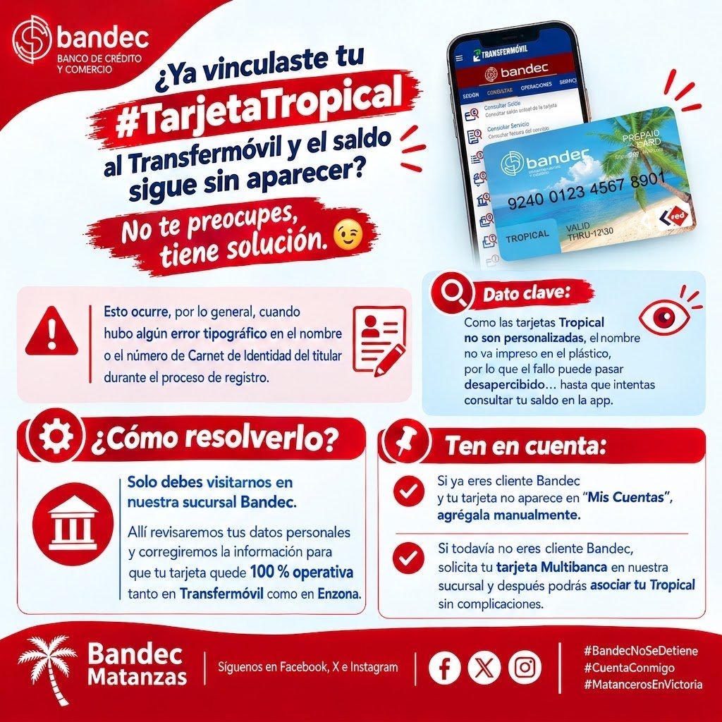 bandecmatanzas's tweet photo. 📱 ¿Vinculaste tu #TarjetaTropical al #Transfermóvil y no ves tu saldo? ¡No te preocupes, tiene solución! 💳👇

📣​Si agregaste tu💳 al #Transfermóvil pero la cuenta no refleja el saldo, ¡tranquilo! Te explicamos la causa más común y cómo solucionarlo rápidamente:
Siga el hilo https://t.co/Gl3IgRbUjX