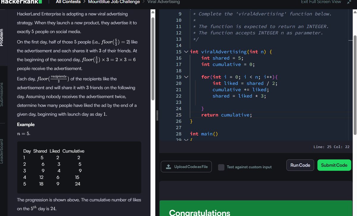 Muskanm_1227's tweet photo. Day 145/150 #150DaysOfCode | Daily DSA Practice Part 2 β‘
4. CamelCase: O(N) TC | O(1) SC
5. Viral Advertising: O(N) TC | O(1) SC
6. Jumping on the Clouds: Revisited: O(N/K) TC | O(1) SC
#DSA #HackerRank #Cpp #Coding #Assessment https://t.co/AOK9TRGw2Q