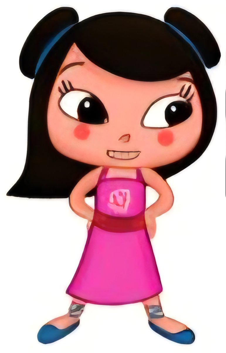 LittleEU123's tweet photo. Prototype June has a fairer skin tone and red blush marks on her cheeks. She has long side-swept black hair, tied into buns with two blue hair bands. She wears a sleeveless pink dress with a flower print on the front and a red strap around it, and blue slippers. https://t.co/BGvJDxCgb5