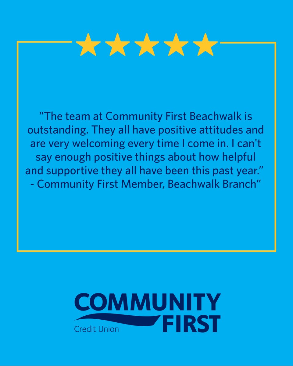 CommFirstCU's tweet photo. When members tell us they feel welcomed, supported and taken care of, that’s the kind of review that makes our day. 

Shoutout to our Beachwalk team for showing what Community First is all about!

Have you had a great experience with one of our teams? We’d love to hear about it. https://t.co/iu6mF43Ifk