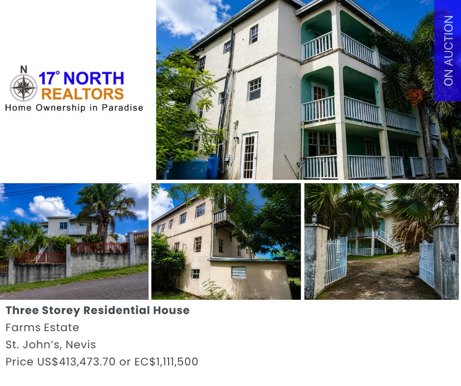 17_DegreesNorth's tweet photo. 🏠 Foreclosure – Farms Estate, Nevis. 3-story property on 18,500 SF with 9 bedrooms, 7 bathrooms &amp; 3,505 SF of living space. Built 2008. US$413,473.70 / EC$1,111,500. Auction: Nov. 20, 2026, High Court, Bath Village. 📞 869-669-0214 https://t.co/Kakj0MvqrK